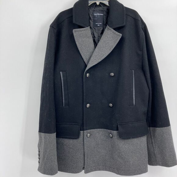 Calvin Klein Mens Colorblock Gray Black Wool Blend Double Breasted Peacoat XXL - Picture 1 of 12